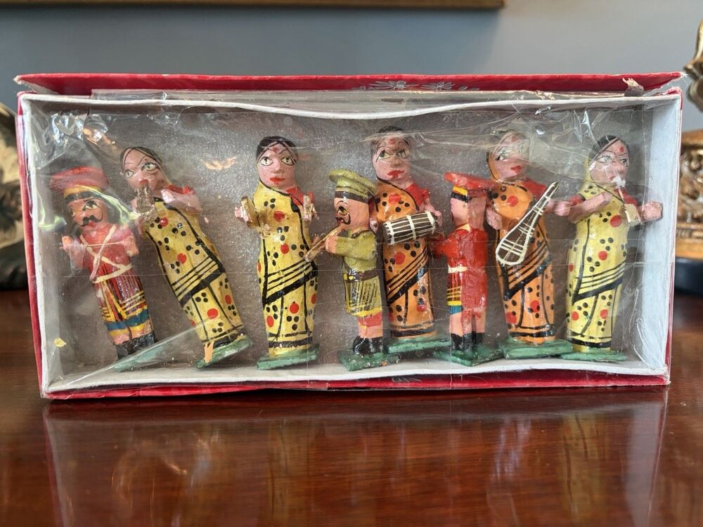 Vintage Carved Wooden Marching Band Indian Hindu Original Box Set of 8